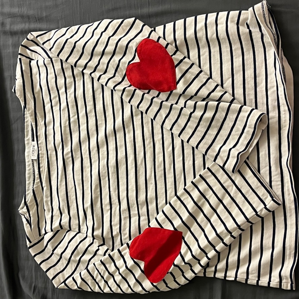 J. Crew Women’s Navy Striped Top with Red Heart Elbows